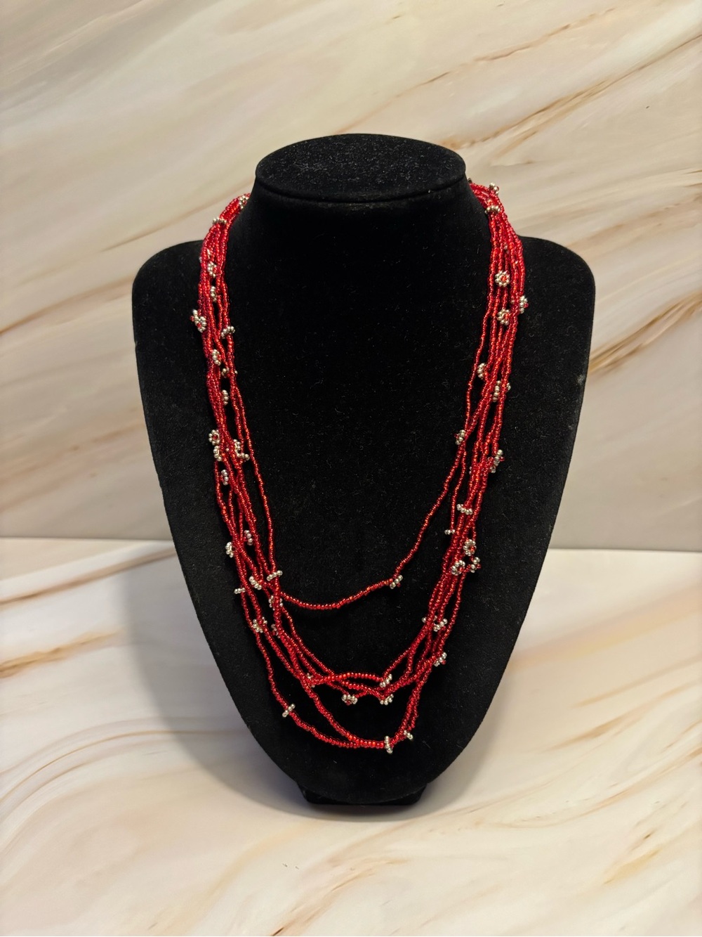 Handcrafted Metallic Red Multi-Strand Beaded Necklace 18”